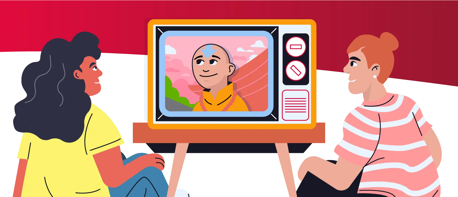 Two teenagers watching the Avatar the last airbender Finale on their old fashioned TV.